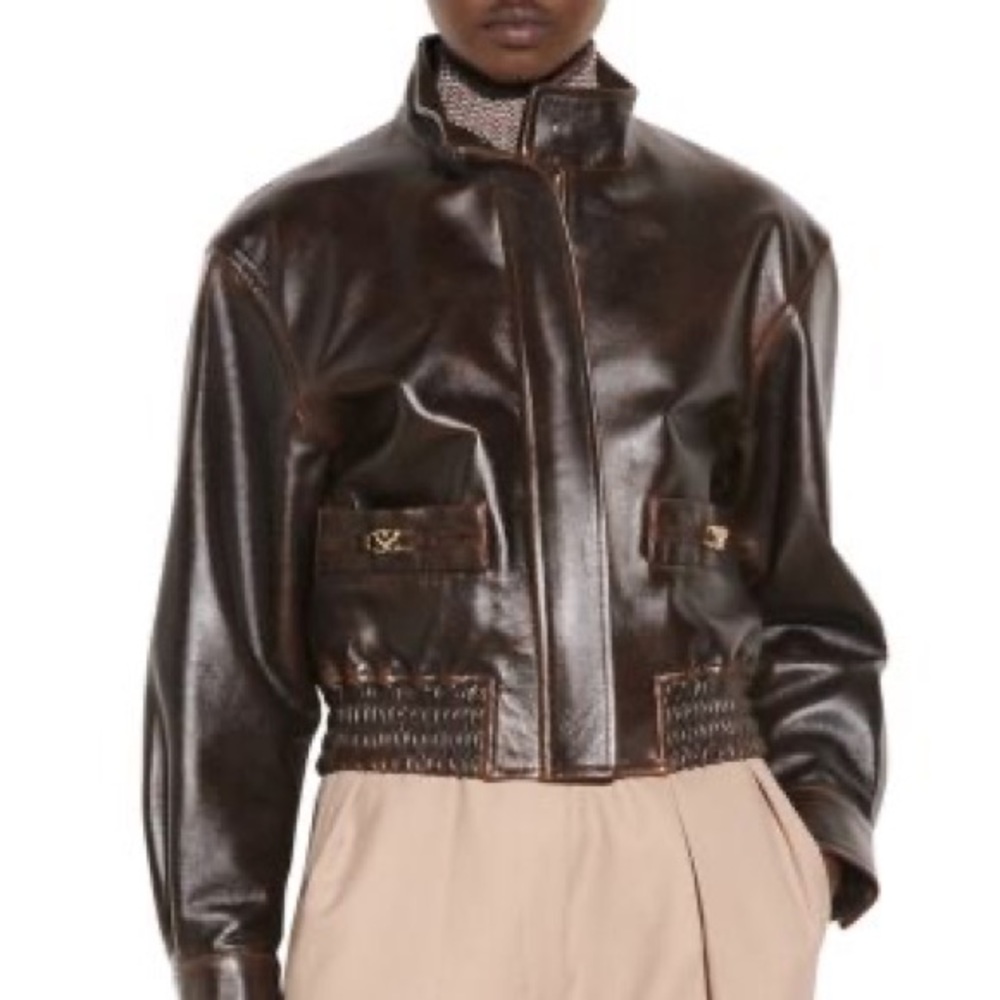 Sandro aviator leather cropped jacket. Brown. Size 1